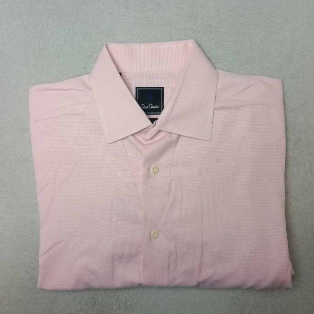 David Donahue Shirt Mens 16.5 36 37 Pink Plaid Check Button-Up Trim Dress Work